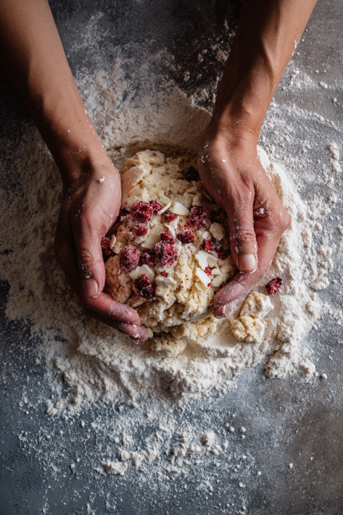  folding raspberries and white chocolate into gluten free scone dough