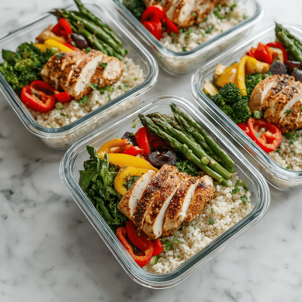 Chicken and rice gluten-free meal prep containers with colorful vegetables