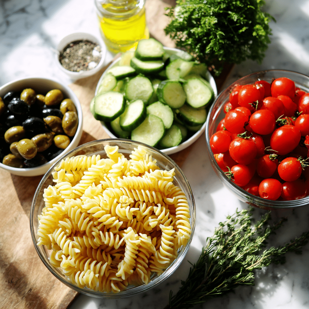 Ingredients for cold pasta salad gluten-free pasta Cold Pasta Salad (Gluten-Free Pasta)