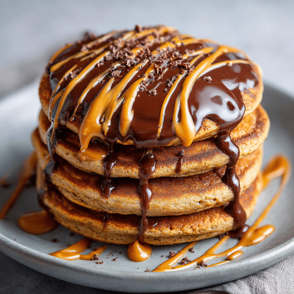 Chocolate Peanut Butter Chickpea Pancakes with syrup drizzle