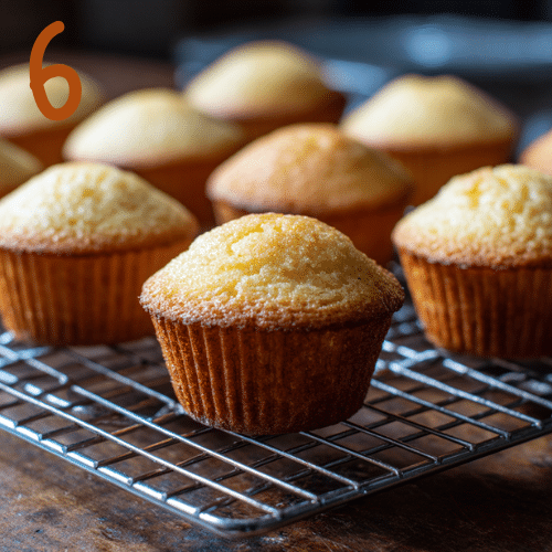 Golden gluten-free cupcakes cooling on a wire rack, ready to be frosted.