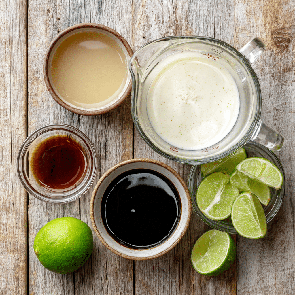 Ingredients for Thai Chicken Soup Recipe: chicken broth, full-fat coconut milk, fish sauce, soy sauce or tamari, and lime juice on a rustic wooden table.