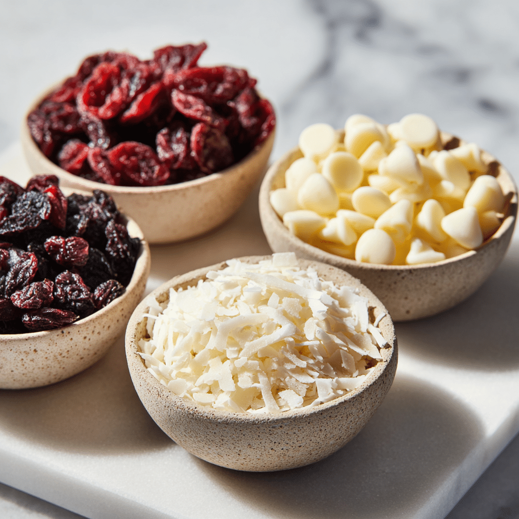 Cranberries, white chocolate chips, and shredded coconut measured in small bowls for Gluten-Free Brownie Recipe