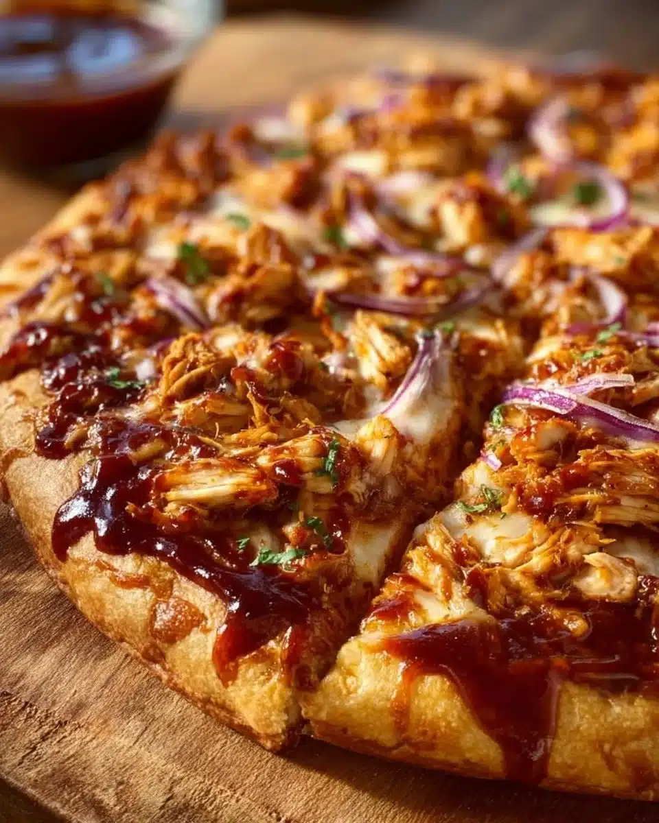 Delicious BBQ Chicken Pizza with tender chicken and tangy BBQ sauce
