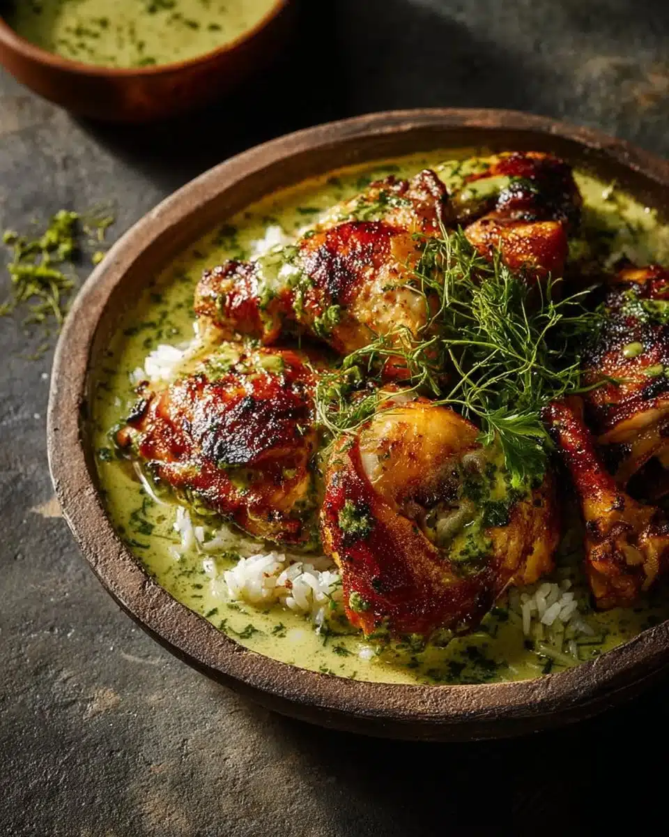 Delicious Peruvian chicken served with creamy green sauce on a plate