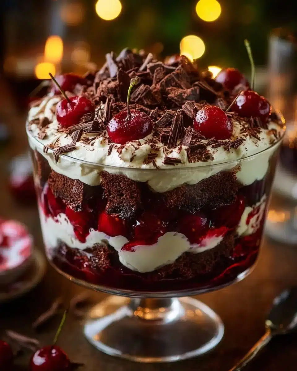 Delicious Black Forest Trifle layered with chocolate, cherries, and whipped cream