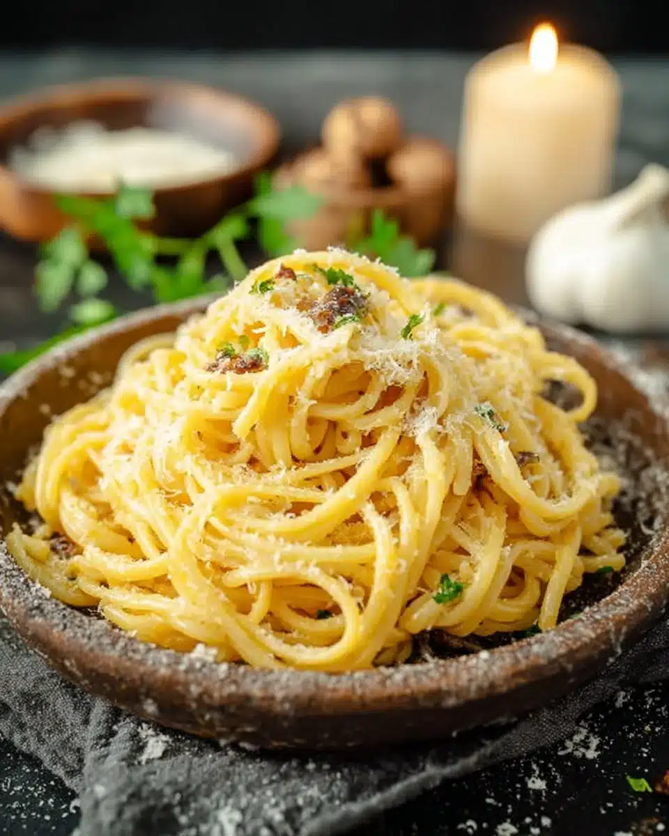 Delicious butter pasta topped with anchovies, garnished with herbs.