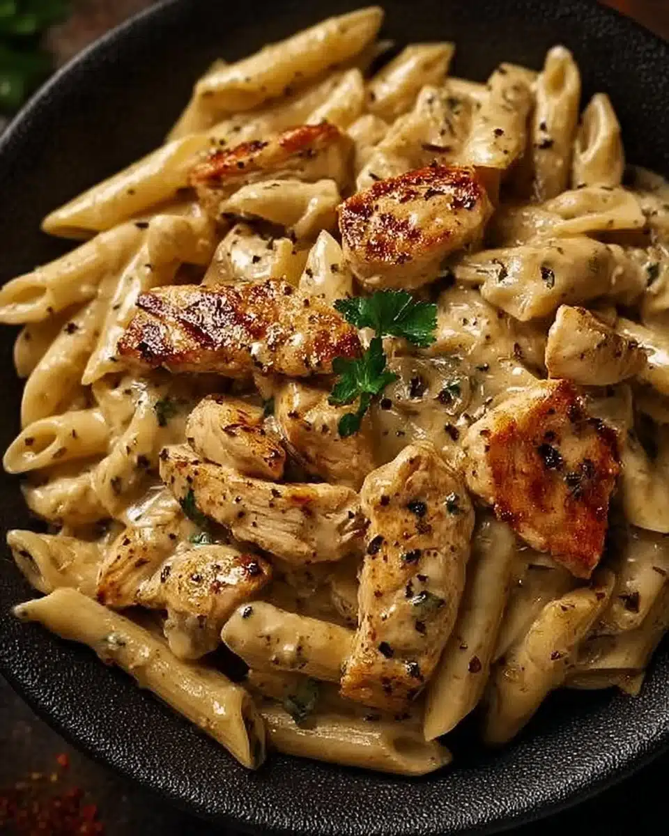 Delicious plate of Cajun Chicken Pasta with spices and chicken over pasta.