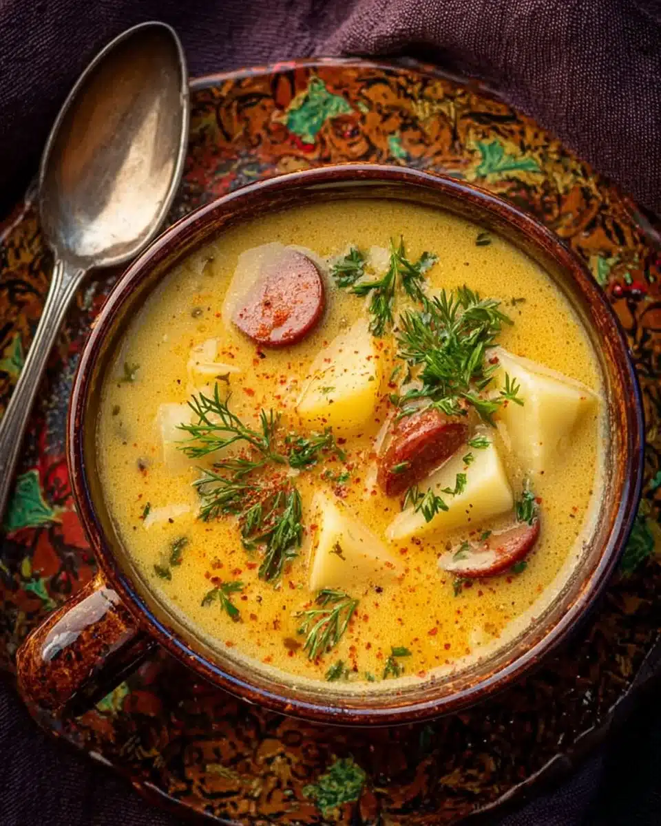 Bowl of creamy Cajun Potato Soup garnished with herbs and spices