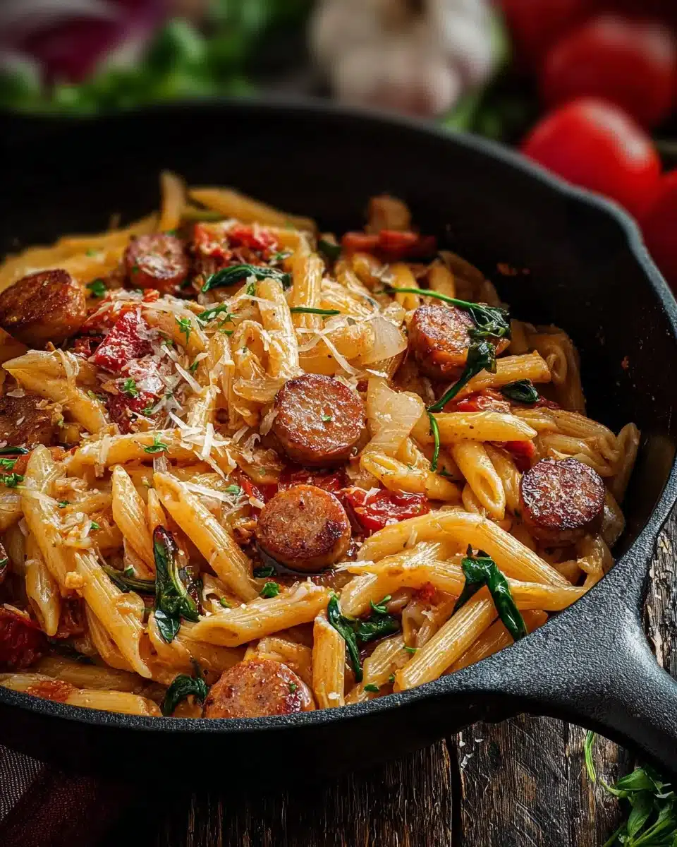 Delicious Cajun sausage pasta served with vibrant vegetables and spices.