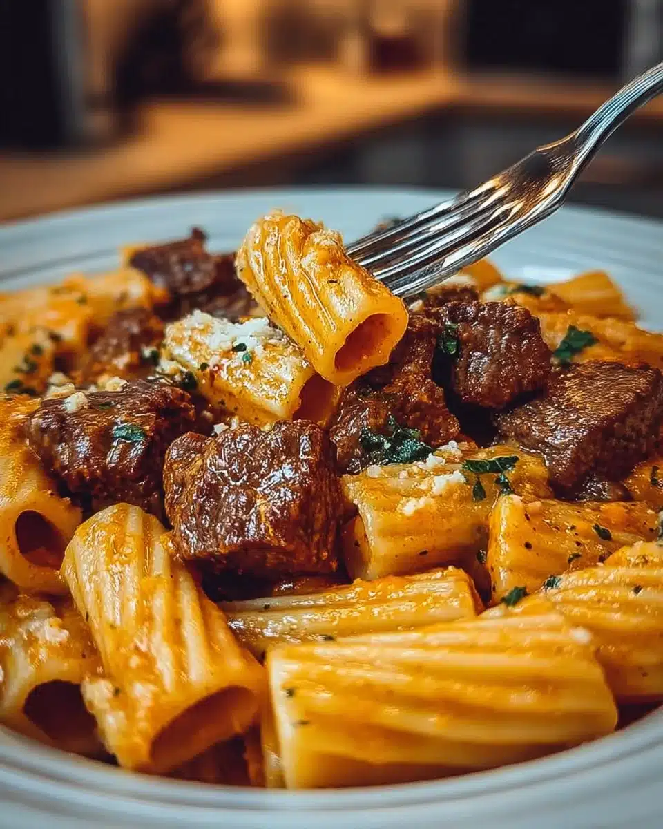 Cajun steak tips served with cheesy rigatoni in a vibrant dish