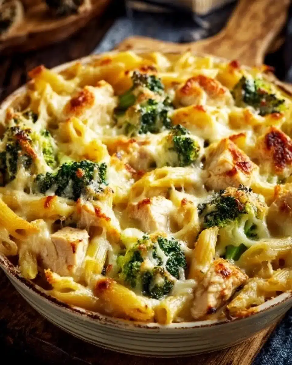 Cheesy Broccoli Chicken Pasta Bake with chicken, broccoli, and pasta in a creamy sauce