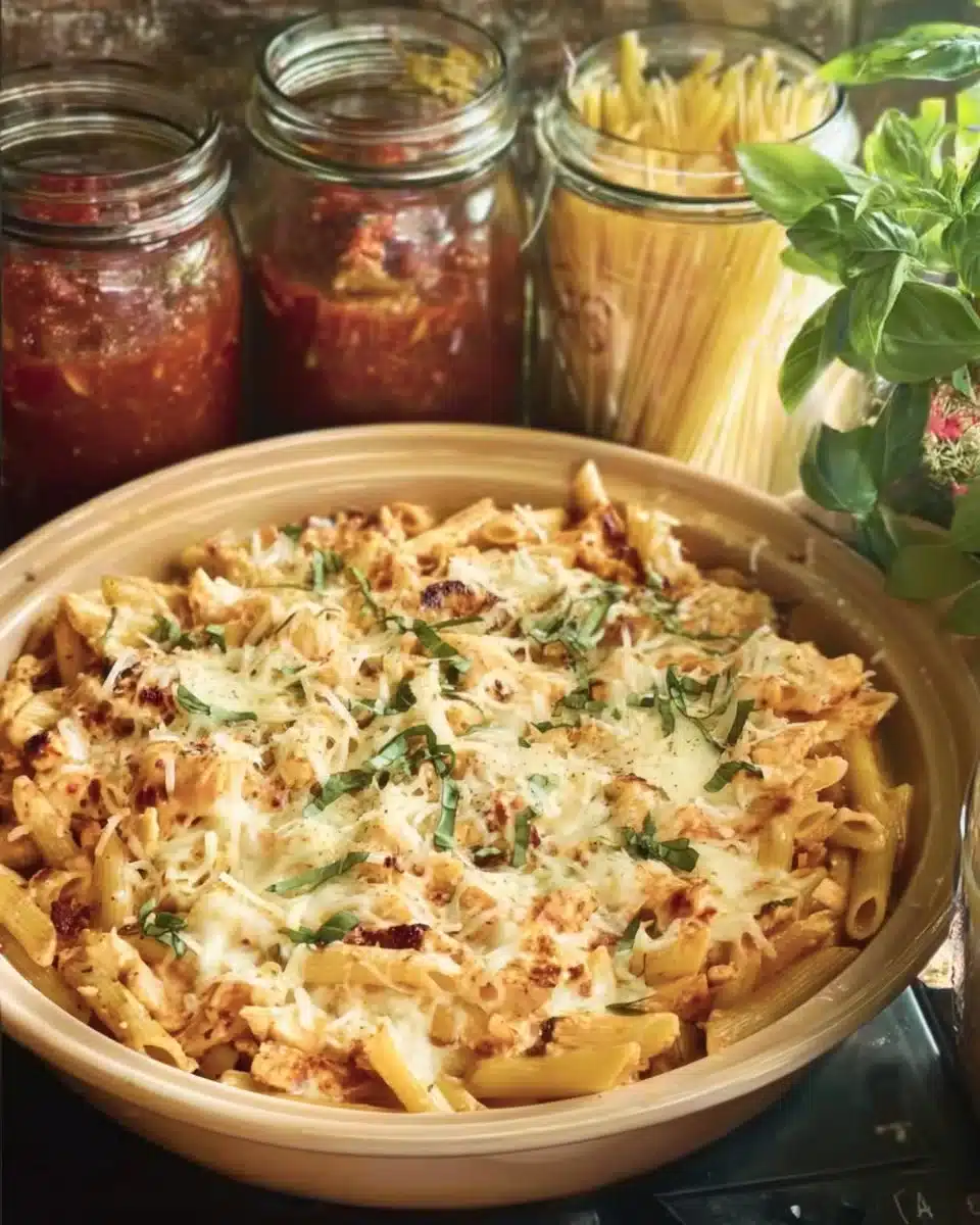 Cheesy chicken pasta casserole topped with melted cheese and herbs