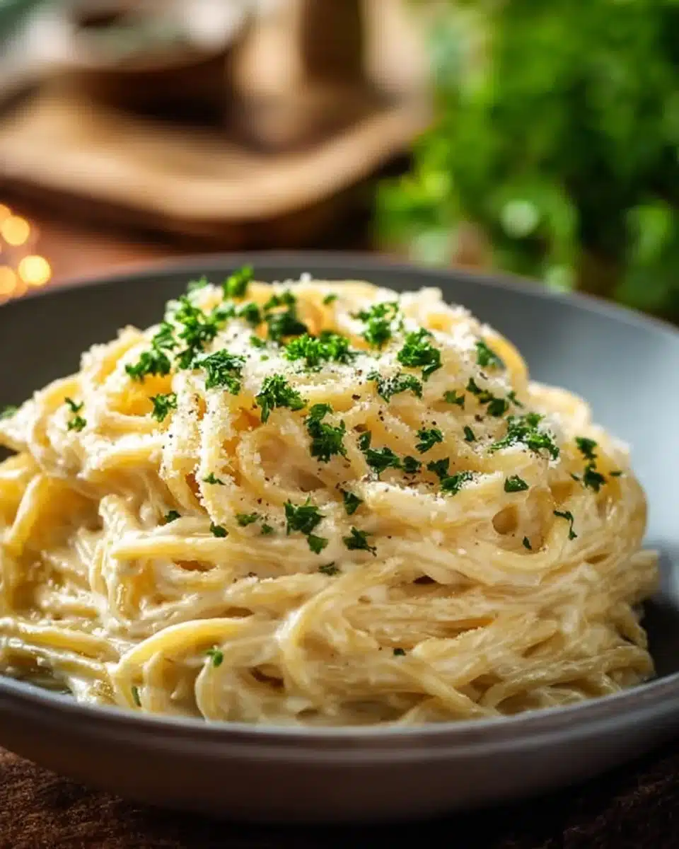 Cheesy Garlic Parmesan Spaghetti topped with parsley and grated cheese