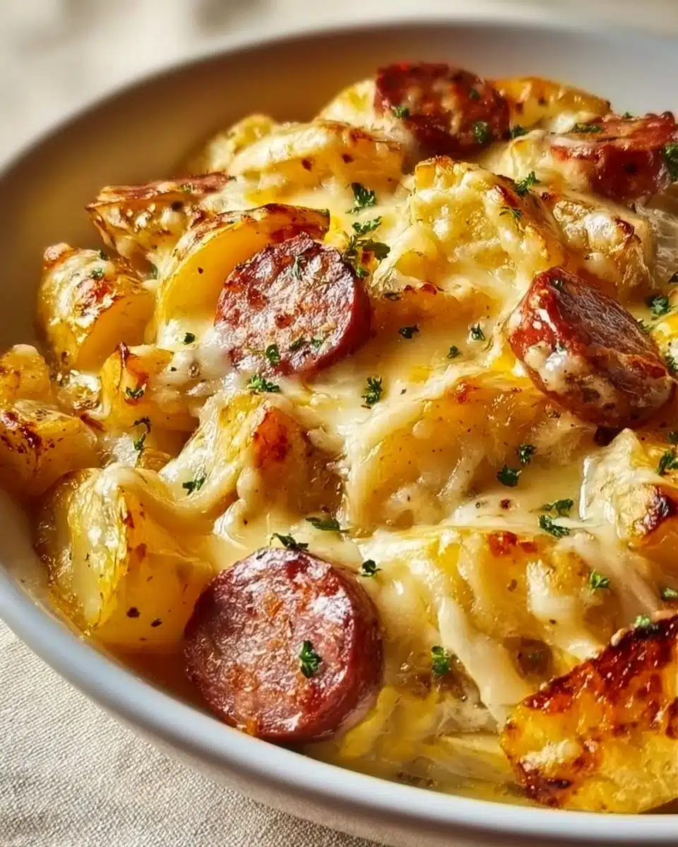 Delicious Cheesy Ranch Potatoes with savory smoked sausage on a plate.