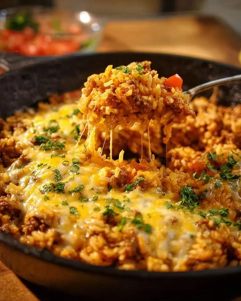 Delicious cheesy taco rice garnished with fresh herbs and toppings
