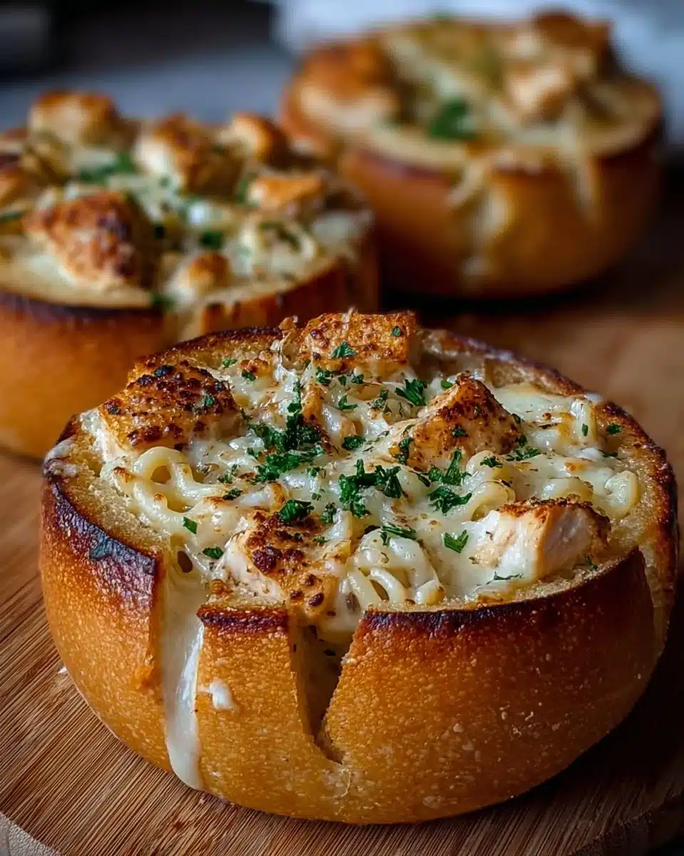 Chicken Alfredo Garlic Bread Bowls served with creamy sauce and fresh herbs