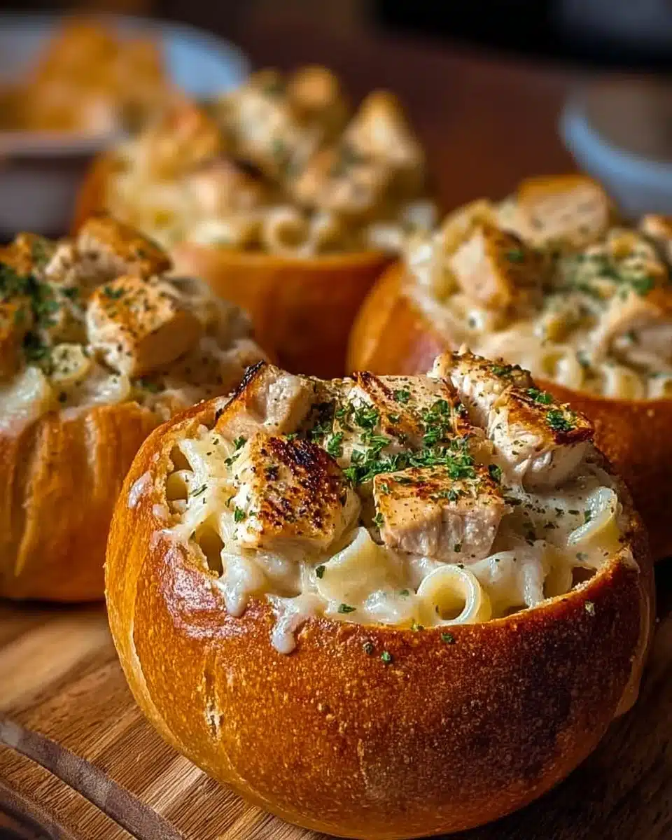 Chicken Alfredo Garlic Bread Bowls with creamy sauce and crispy bread