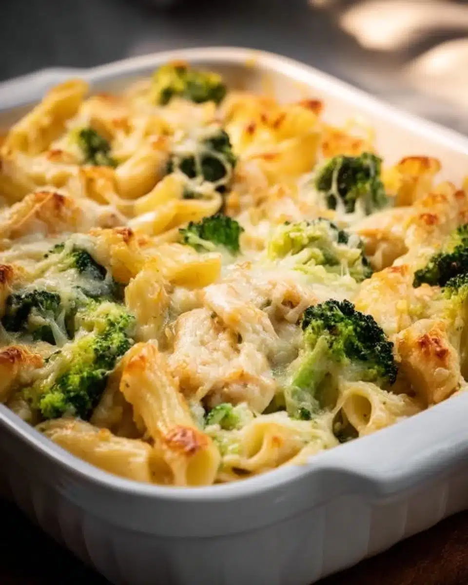 Creamy Chicken Broccoli Pasta Bake served in a casserole dish