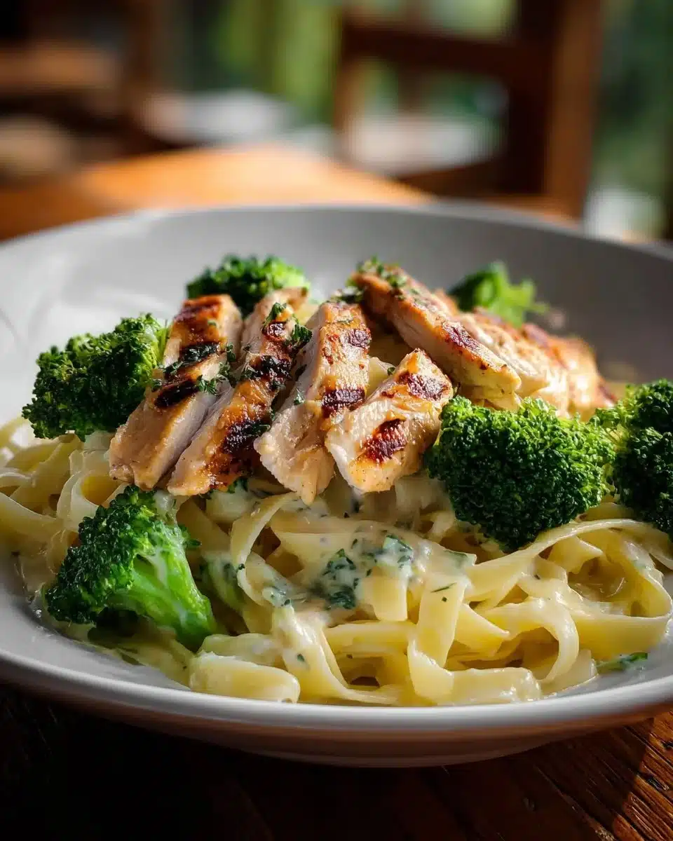Creamy Chicken Broccoli Fettuccine Alfredo dish garnished with parsley.
