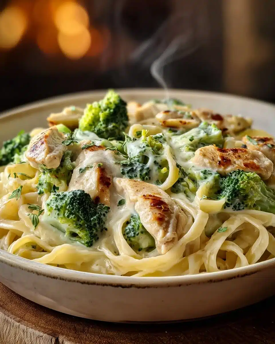Delicious Chicken Broccoli Fettuccine Alfredo pasta dish served in a bowl