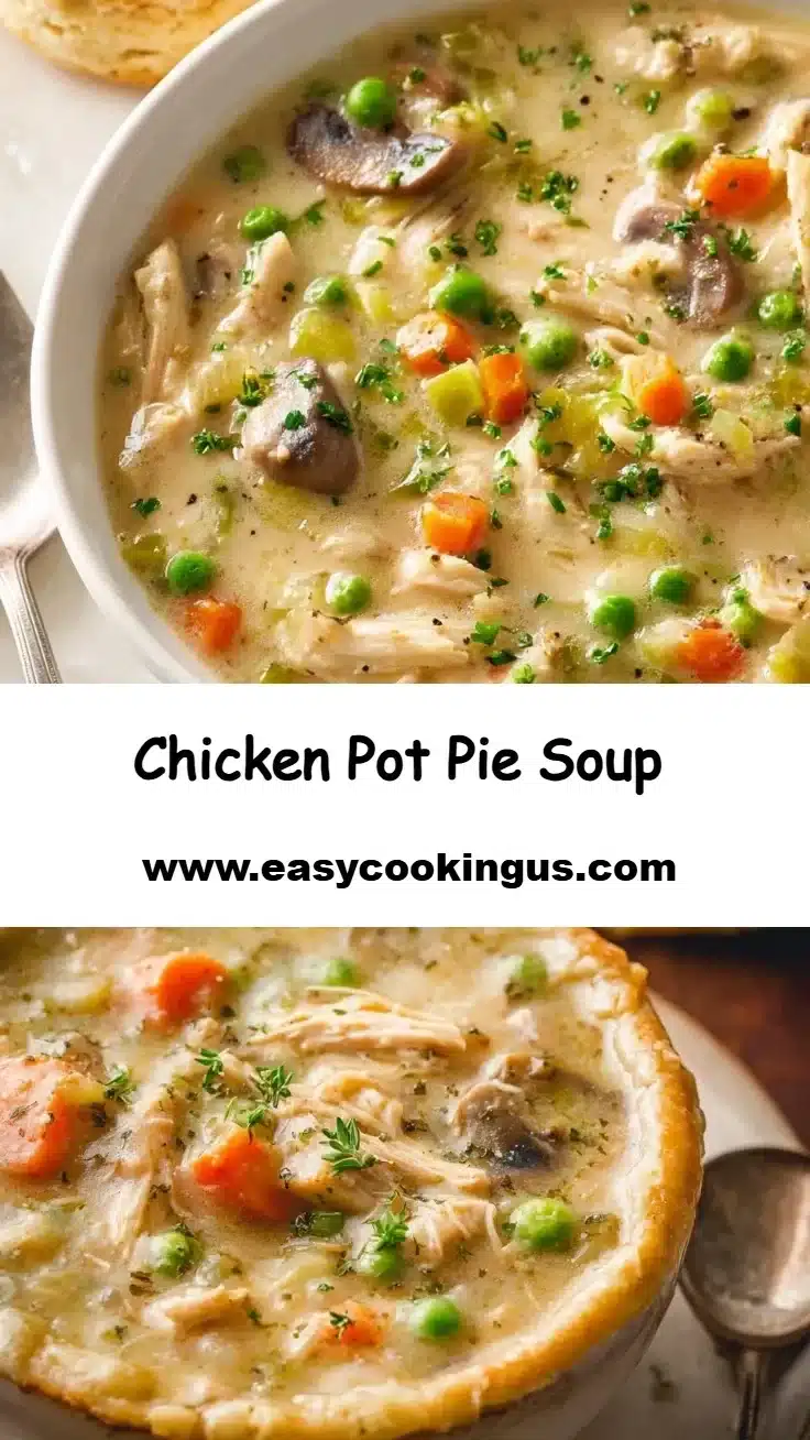 Bowl of creamy Chicken Pot Pie Soup garnished with parsley and served with bread.