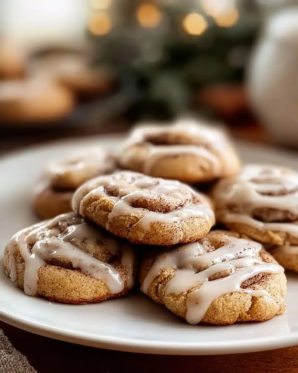 Freshly baked cinnamon roll cookies with icing on top.