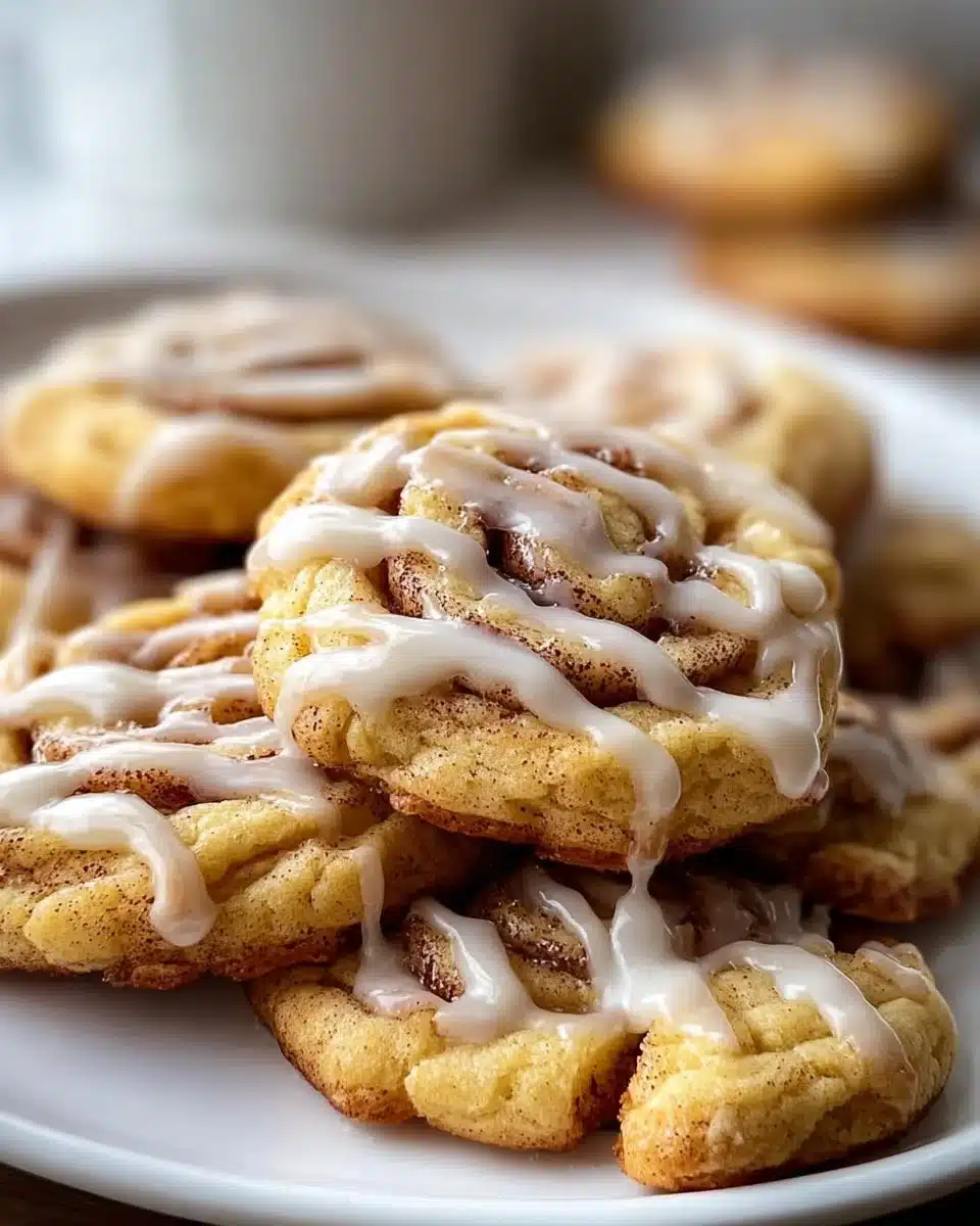 Freshly baked cinnamon roll cookies with a swirl of cinnamon and icing