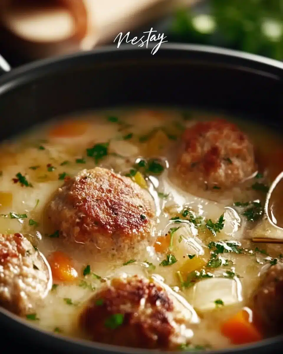 A bowl of cozy Swedish meatball soup with herbs and spices.