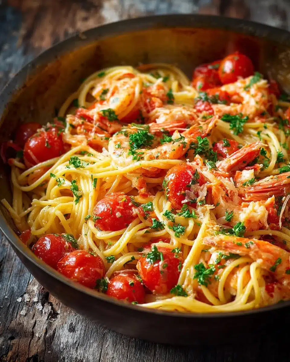 Creamy lobster and shrimp spaghetti dish garnished with herbs