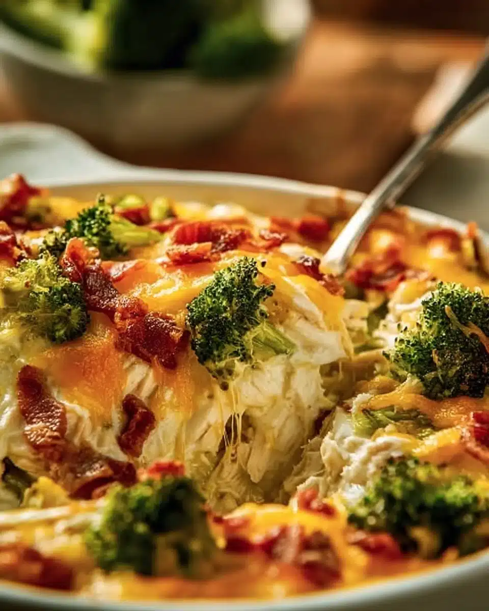 Creamy low carb chicken casserole served in a baking dish