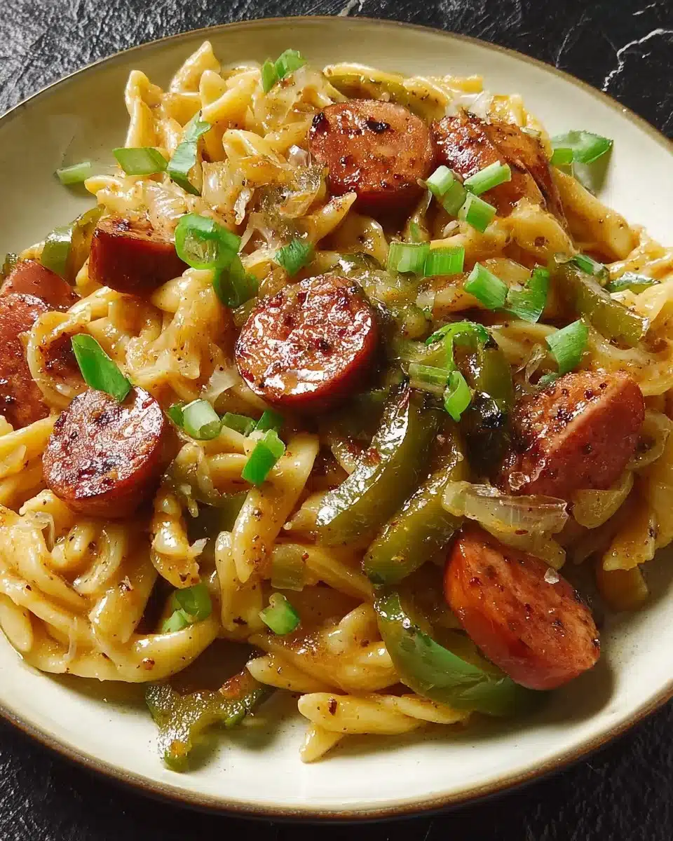 Bowl of creamy smoked sausage pasta topped with parsley and pepper.