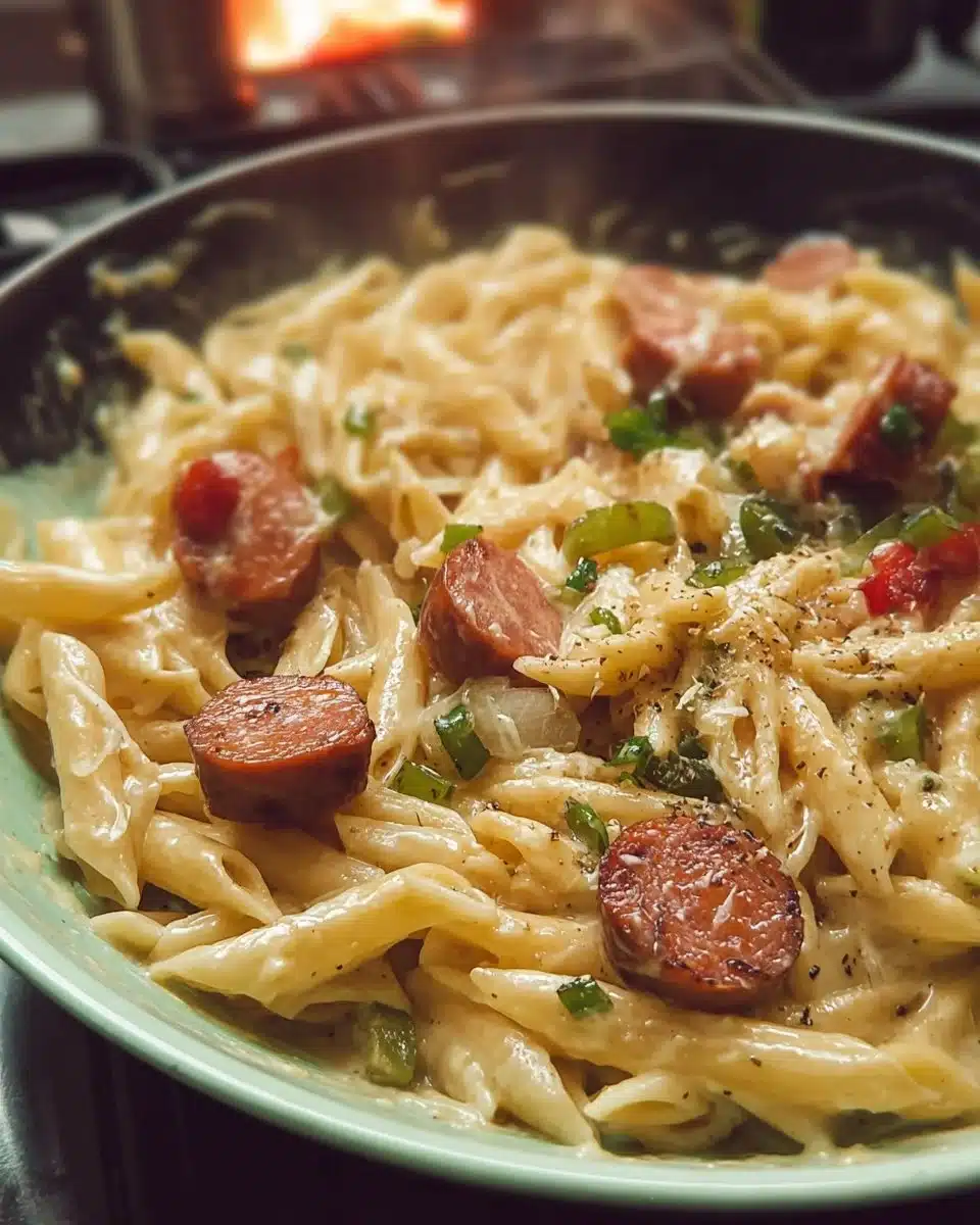 Creamy smoked sausage pasta served in a bowl with fresh herbs
