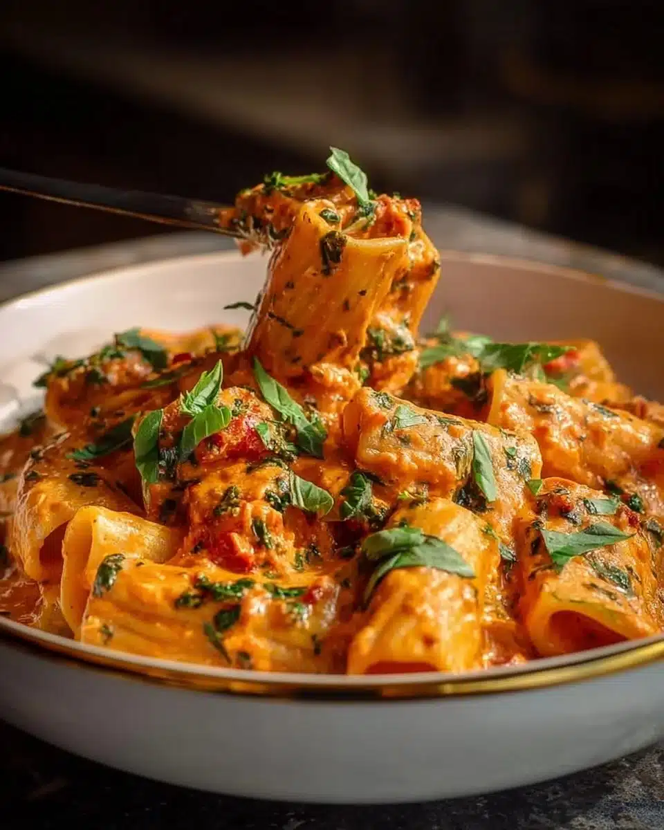 Creamy tomato garlic pasta garnished with fresh basil and parmesan cheese