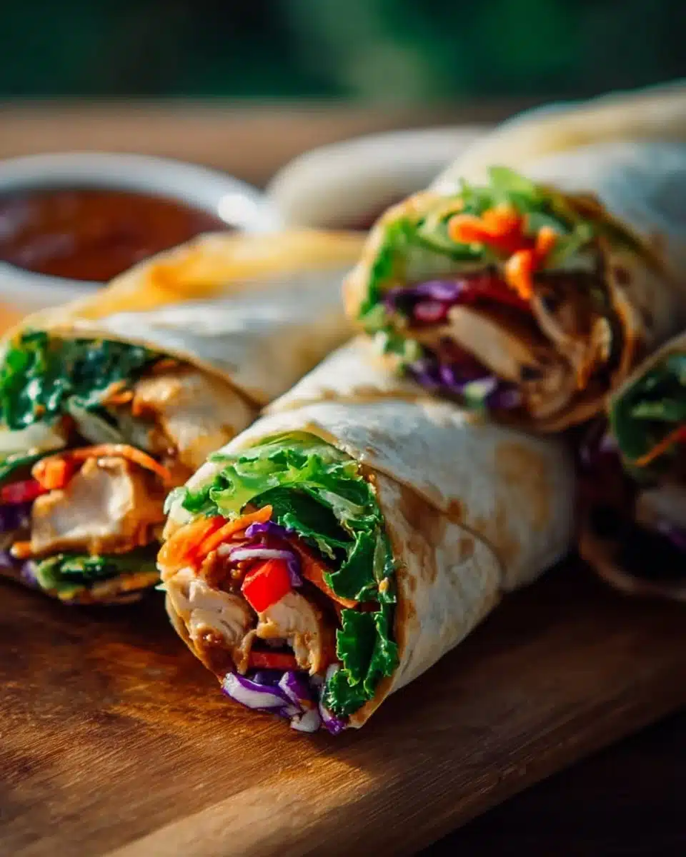 Delicious Thai Peanut Chicken Wraps served on a plate with fresh ingredients
