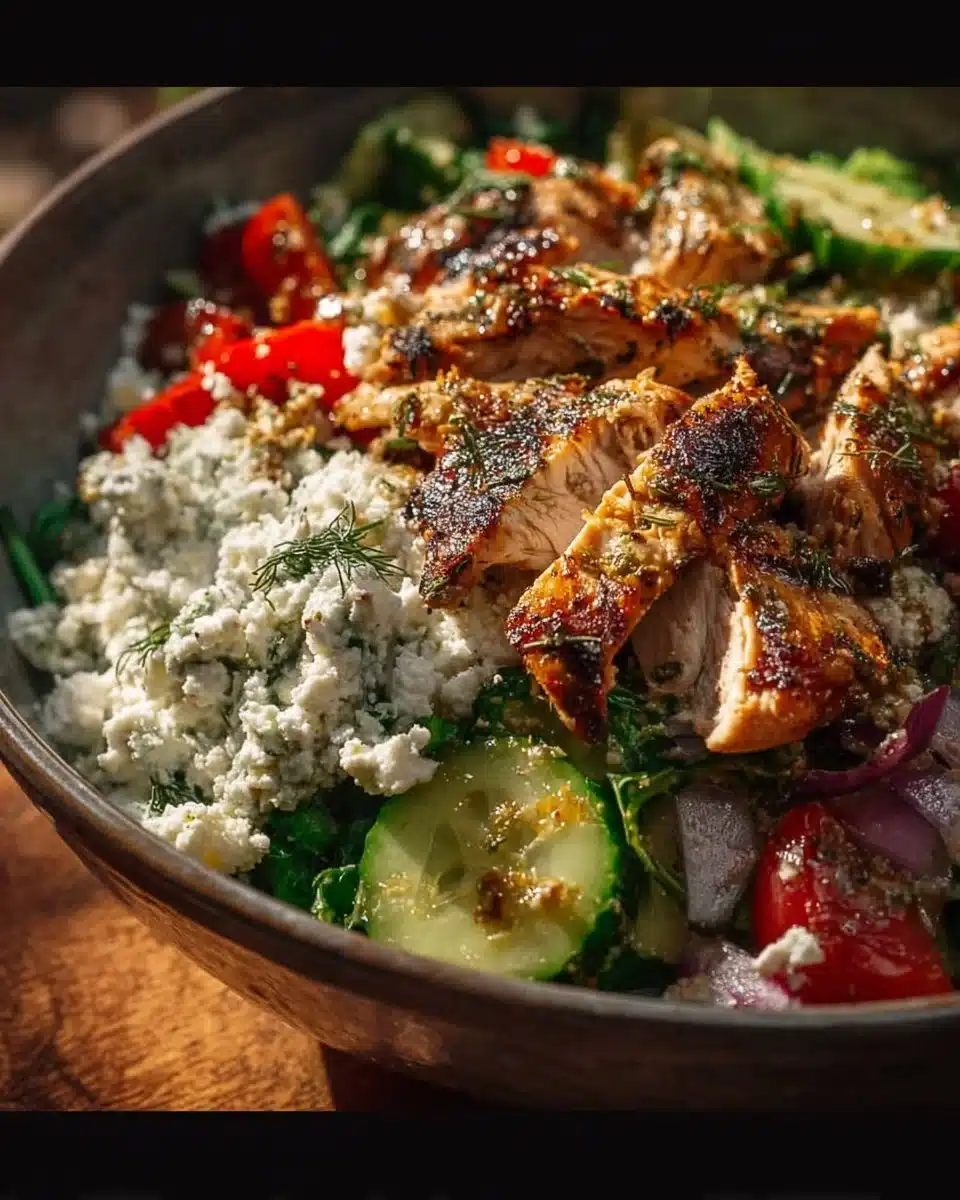Delicious Greek Chicken bowl with fresh vegetables and Mediterranean flavors.