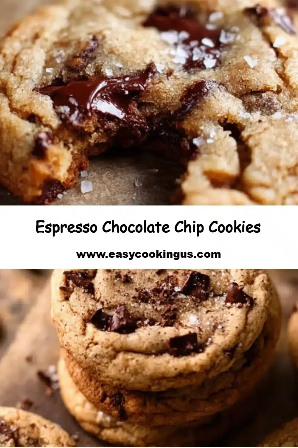 Freshly baked Espresso Chocolate Chip Cookies with chocolate chips and coffee flavor.