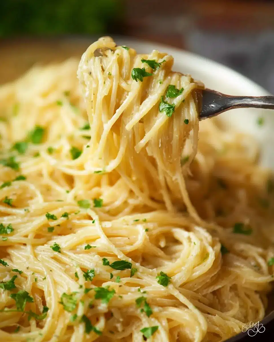 Delicious Garlic Parmesan Pasta garnished with fresh herbs and cheese