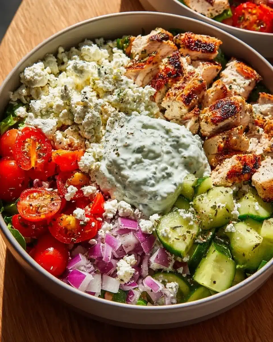 Delicious Greek Chicken Bowls topped with fresh vegetables and feta cheese