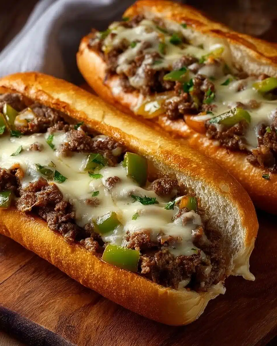 Delicious Ground Beef Philly Cheesesteak served with melted cheese and fresh ingredients.