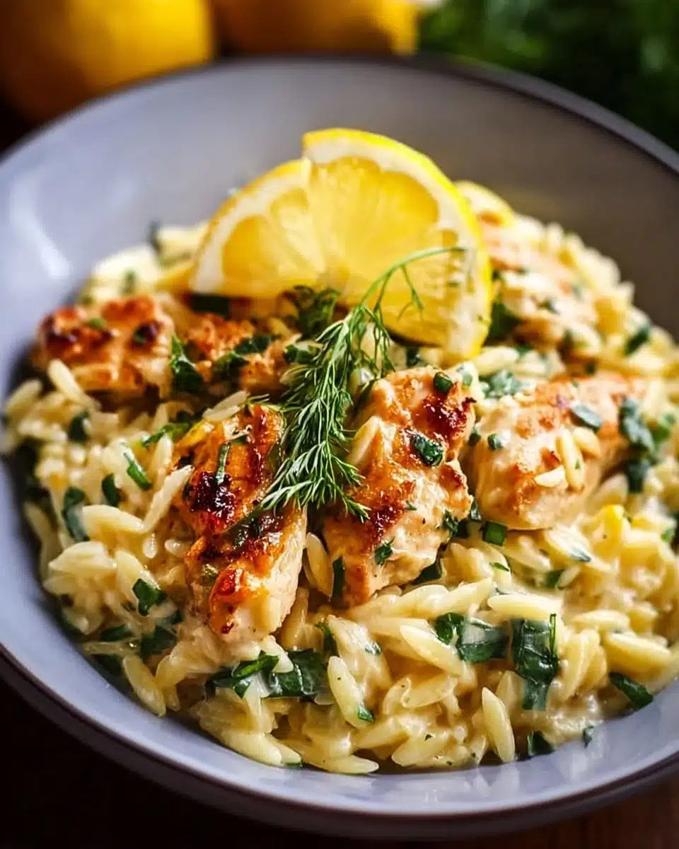 Plate of Lemon Chicken Orzo with fresh herbs and lemon slices