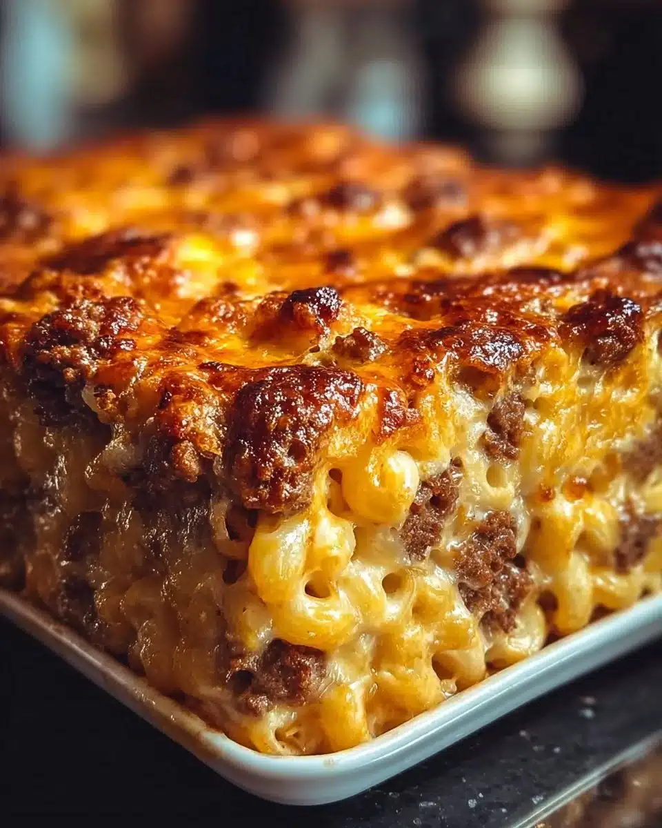 Delicious Mac and Cheese Meatloaf Casserole dish served in a baking dish.