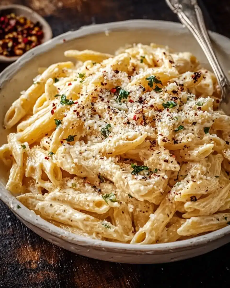 One Pot Creamy Garlic Pasta served in a bowl with fresh herbs