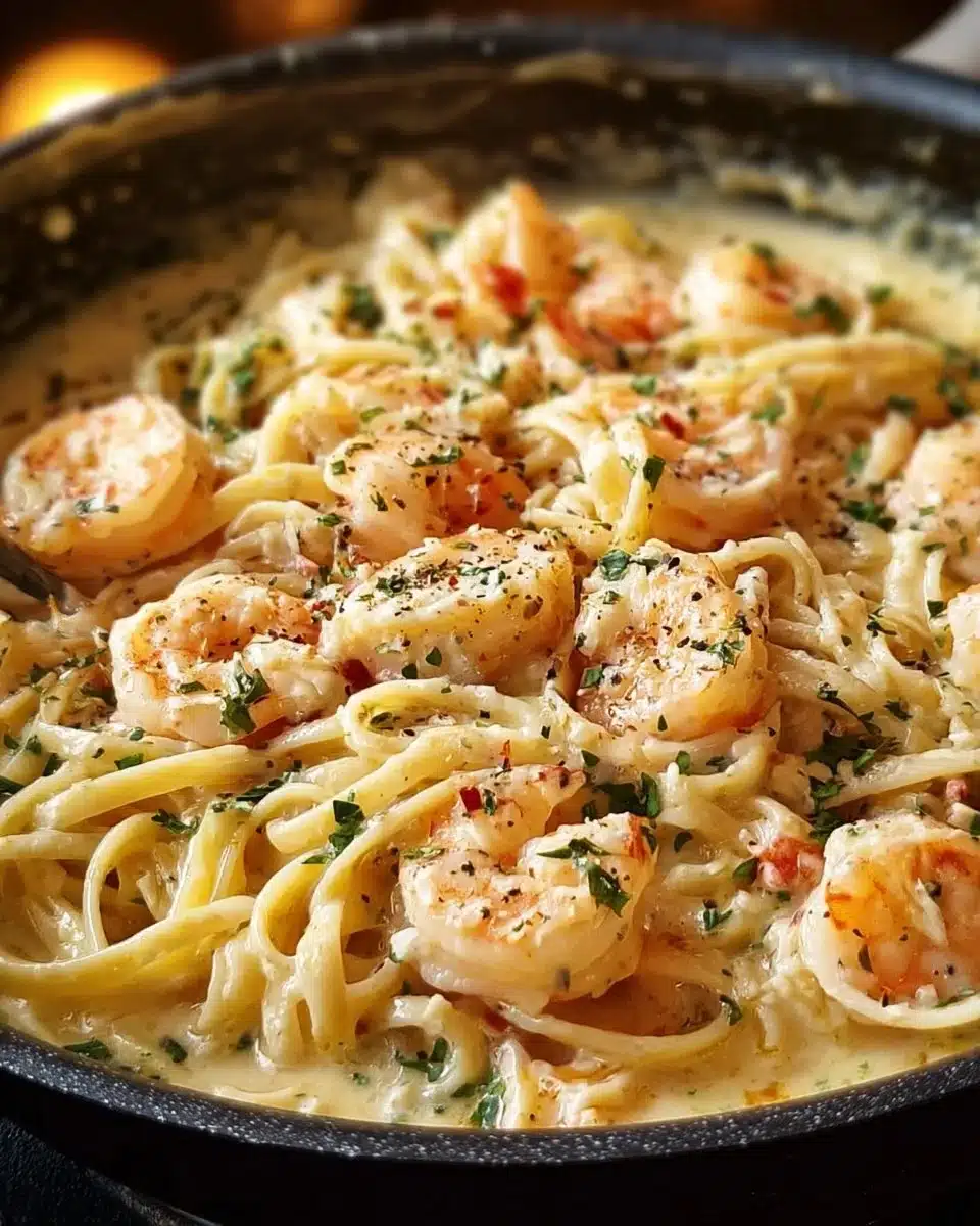 Delicious One-Pot Shrimp and Crab Alfredo plate served with parsley garnish