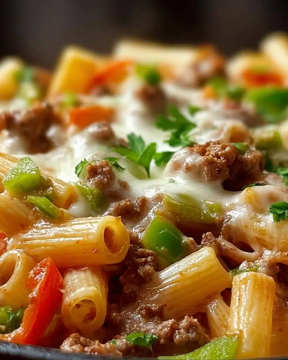 Delicious Philly cheese steak pasta with beef, cheese, and bell peppers