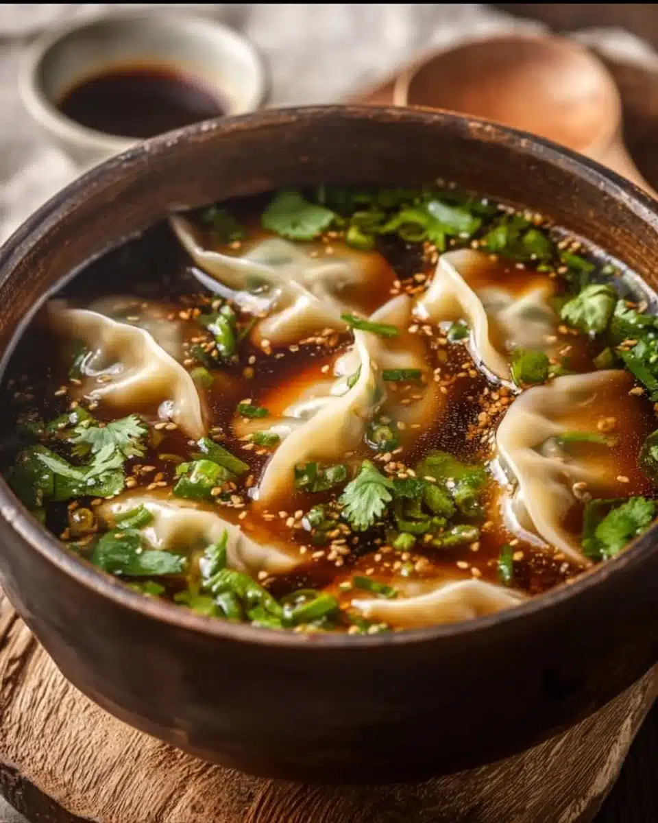 Bowl of delicious Potsticker Soup with dumplings and fresh herbs.