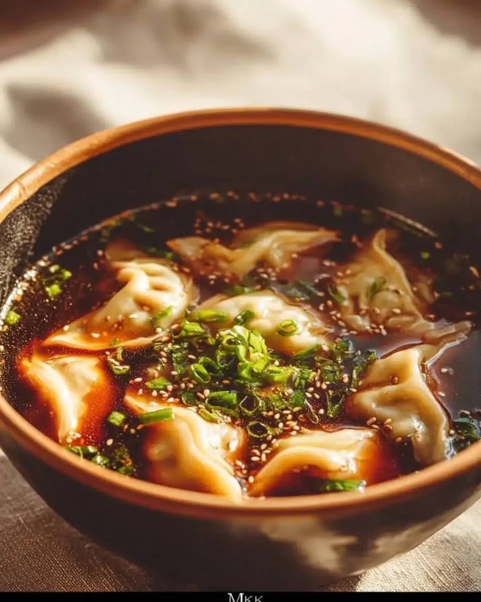 Bowl of homemade Potsticker Soup with dumplings and fresh vegetables