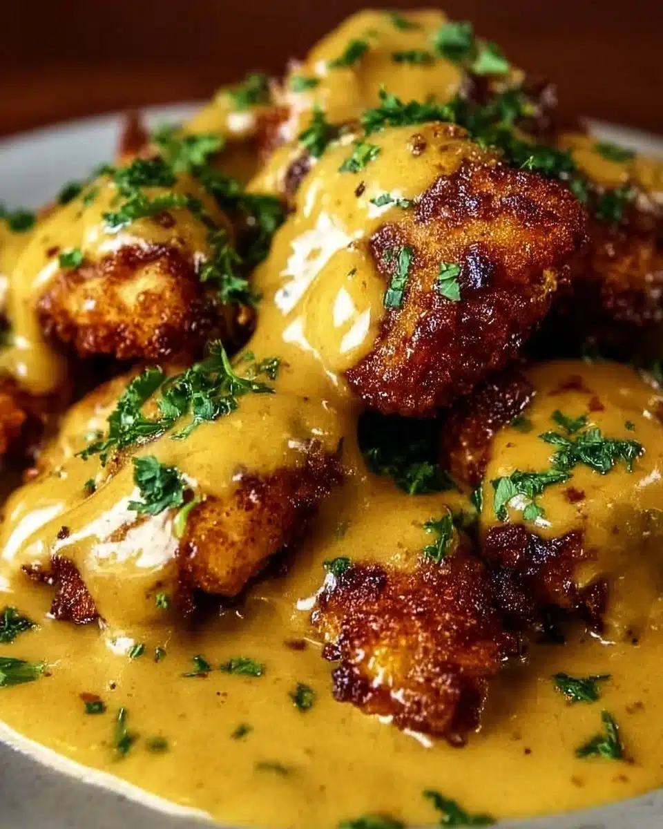 Crispy pretzel chicken garnished with herbs on a plate