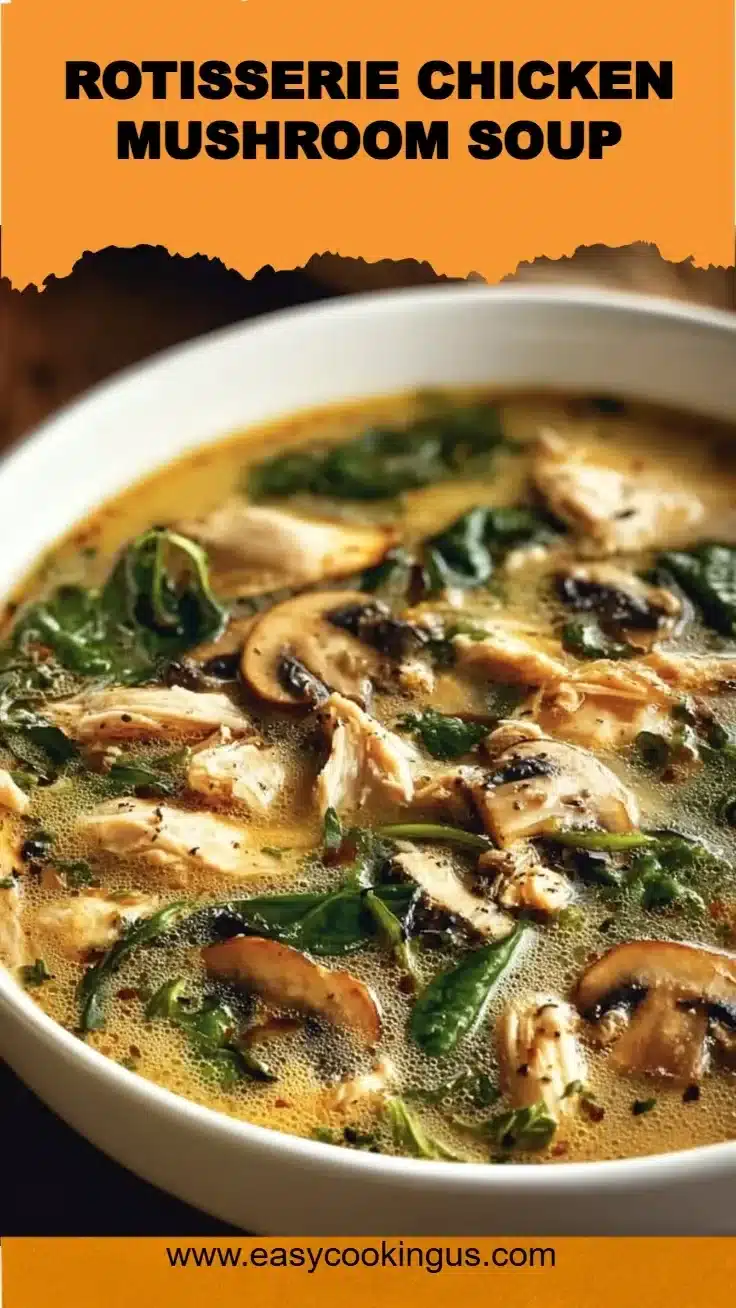 Creamy rotisserie chicken mushroom soup in a bowl garnished with herbs