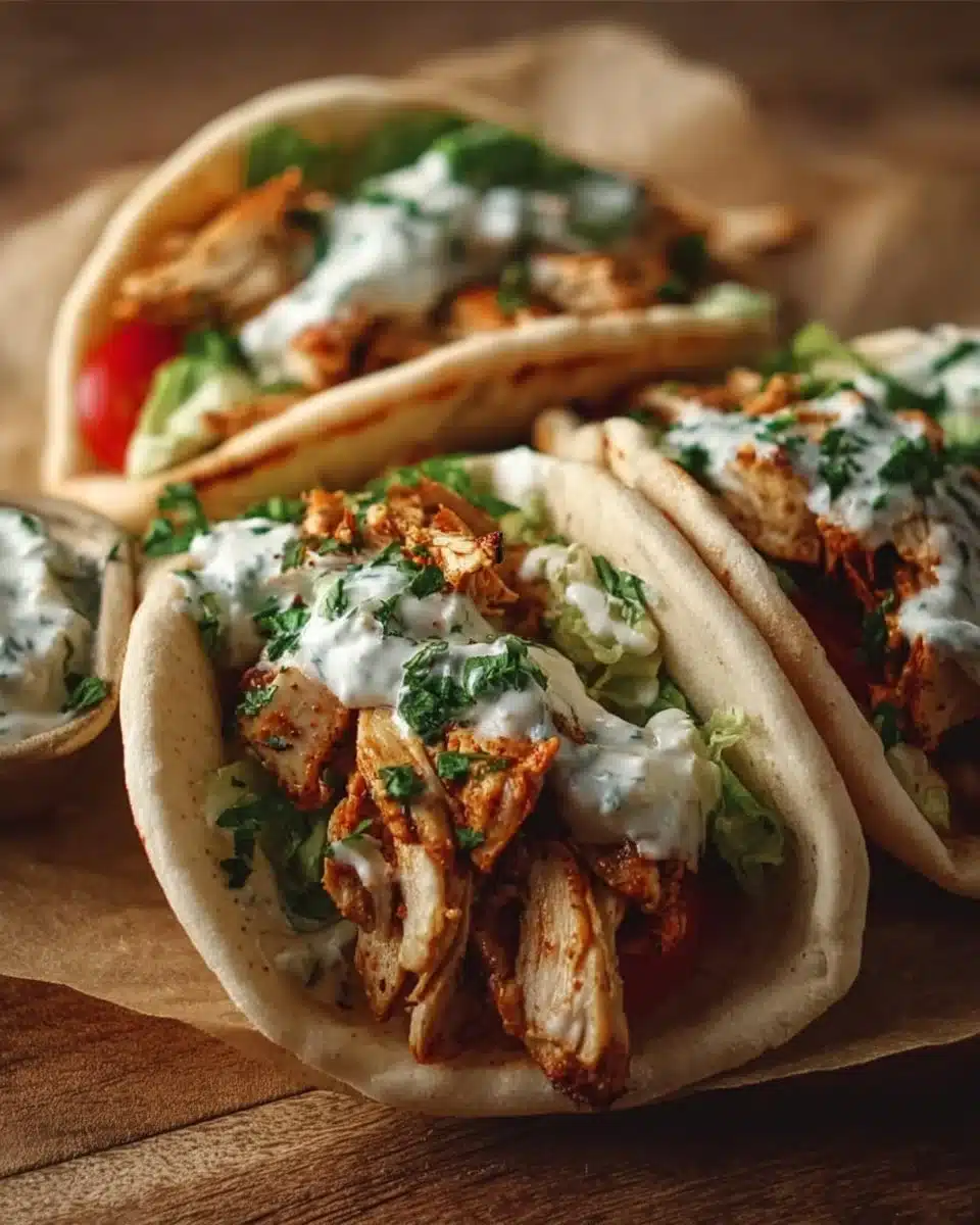 Sheet Pan Chicken Pitas with Herby Ranch served on a wooden plate